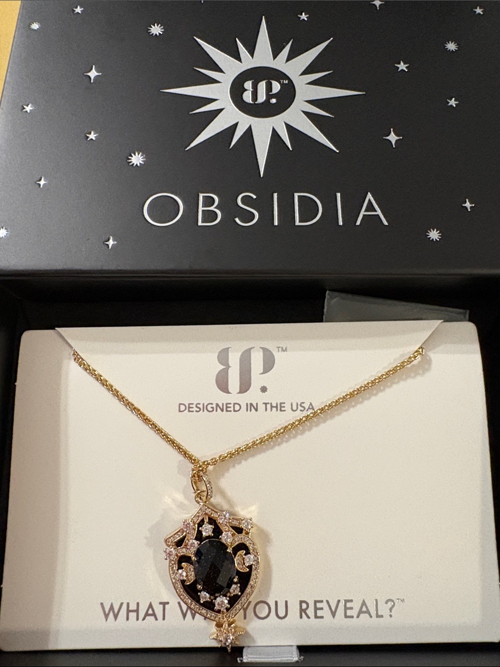 Obsidia Gold Necklace with Black Center Stone by Obsidia